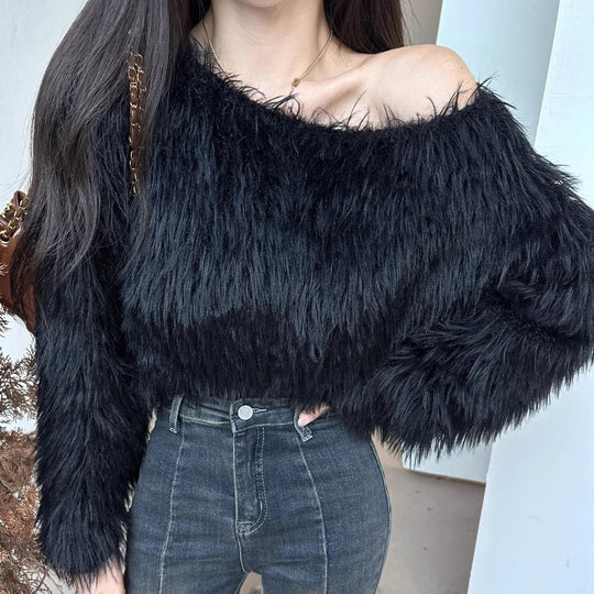 Damen cropped Pullover mit flauschiger Textur und Off-Shoulder-Design EB