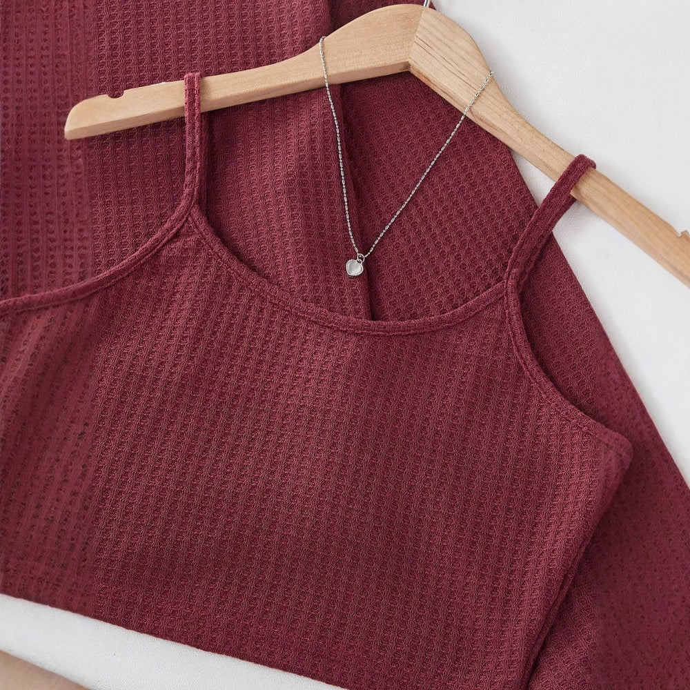 Damen Bequemes Zweiteiliges Waffel-Set mit Langarmoberteil und Shorts EB