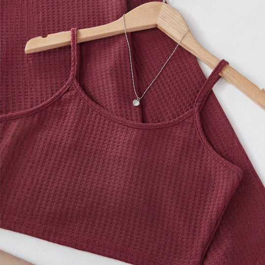 Damen Bequemes Zweiteiliges Waffel-Set mit Langarmoberteil und Shorts EB