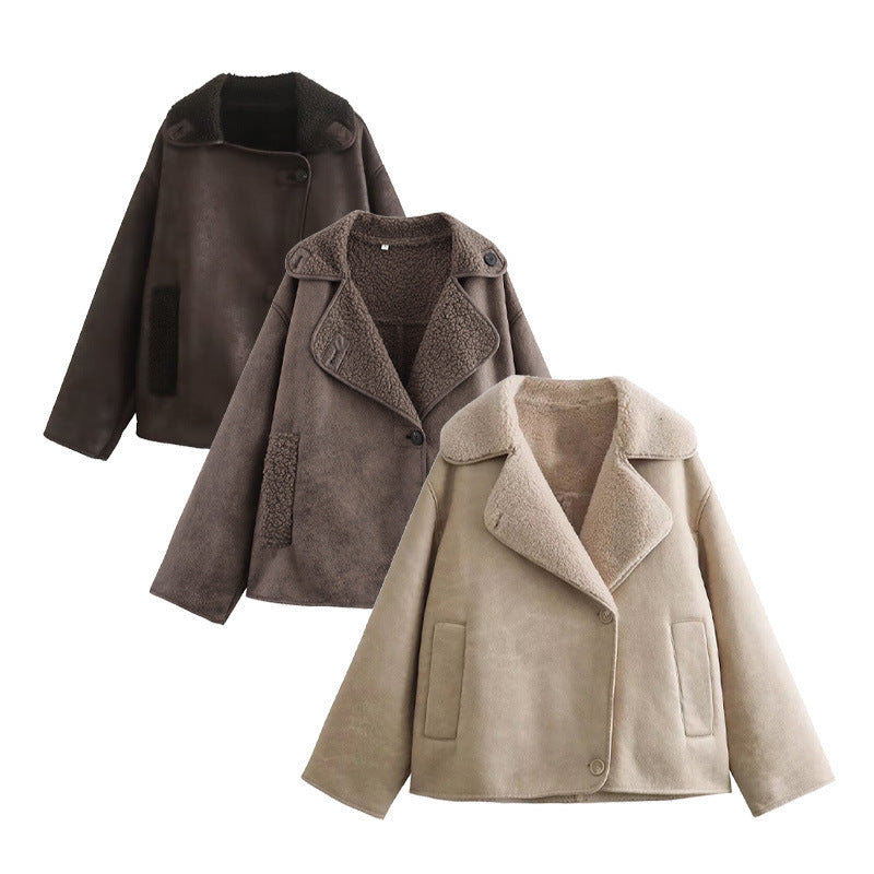 Damen Kunstpelzjacke mit stilvollem Kragen und praktischen Taschen EB