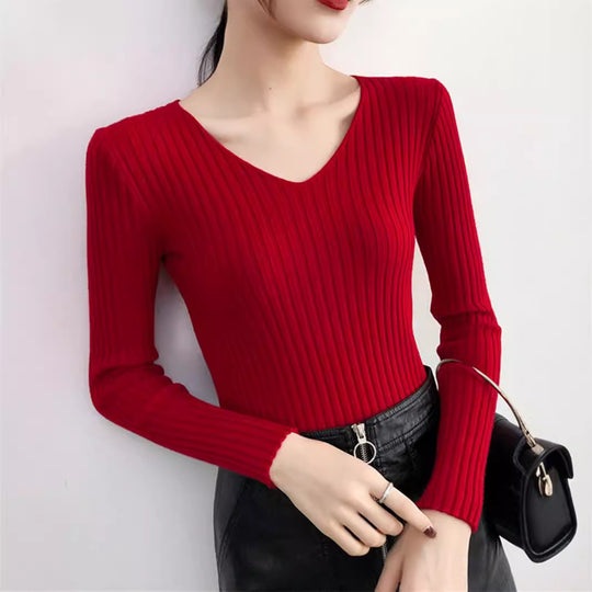 Damen Feinstrickpullover mit V-Ausschnitt und Rippenstruktur EB