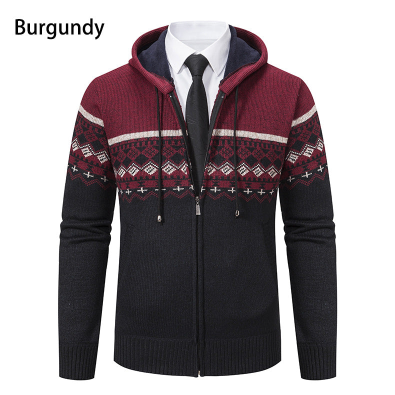 Herren stilvolle Strickjacke mit Kapuze und Norweger-Muster EB