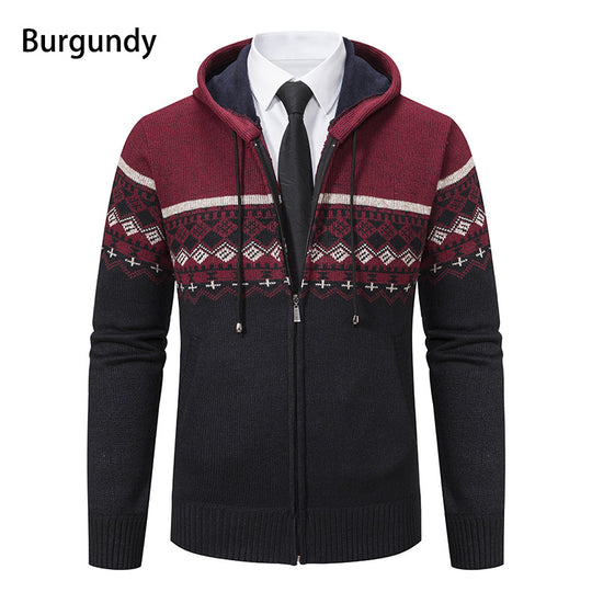 Herren stilvolle Strickjacke mit Kapuze und Norweger-Muster EB