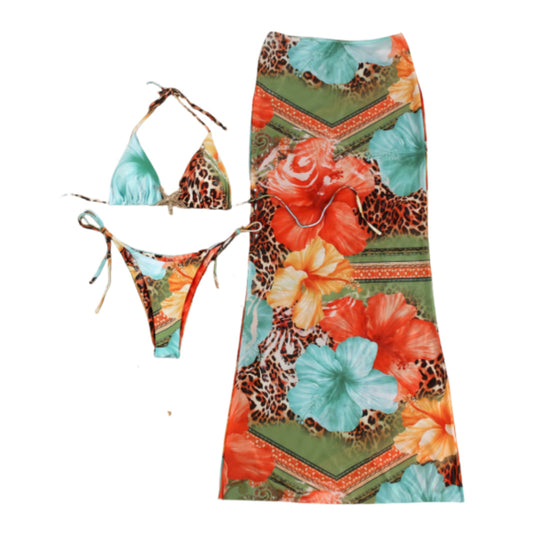 Damen Bikiniset mit buntem floralem Design und elegantem Überwurf EB