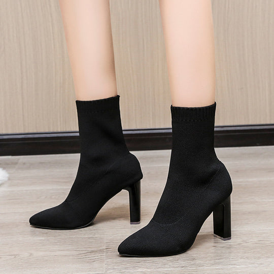 Damen nan gestrickte Sock-Ankleboot mit spitzer Zehenpartie und skulpturellem Blockabsatz EB