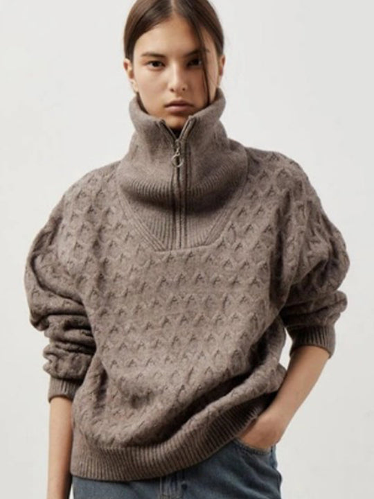 Damen Gemusterter Strickpullover mit hohem Kragen und Halbreißverschluss EB