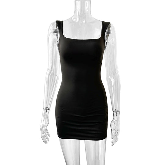 Damen figurbetontes Minikleid mit Quadrat-Ausschnitt und breiten Trägern EB