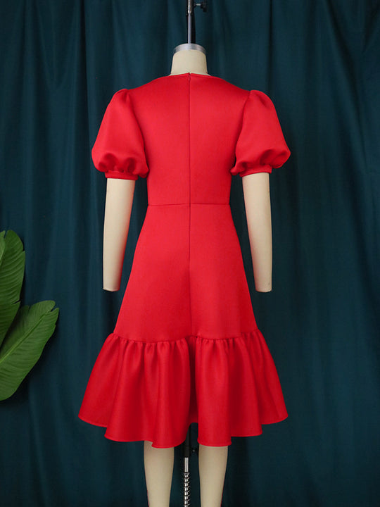 Damen elegantes Wickelkleid mit voluminösen Puffärmeln und Rüschensaum EB