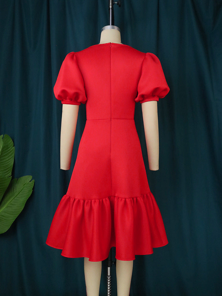 Damen elegantes Fit-and-Flare Kleid mit Puffärmeln EB