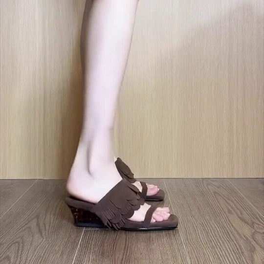 Damen Komfortable Mules mit fransigen Details und transparentem Absatz EB