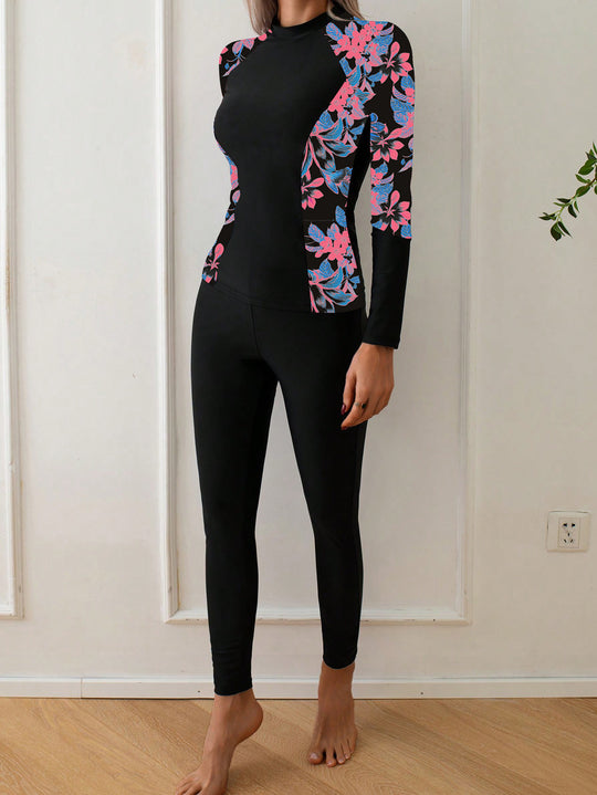 Damen Langarm Rashguard mit floralem Design EB