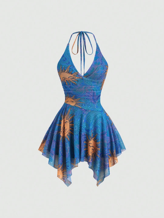 Damen lässiges Strandkleid mit asymmetrischem Saum und raffiniertem Druck EB