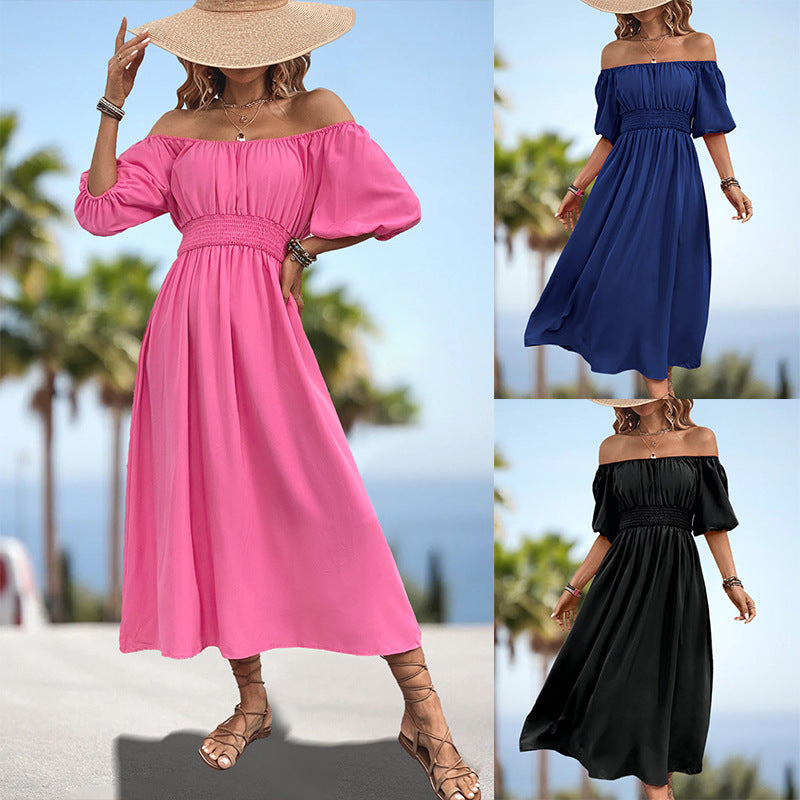 Damen Off-Shoulder Midi-Kleid mit elastischem Bund und voluminösen Ärmeln EB