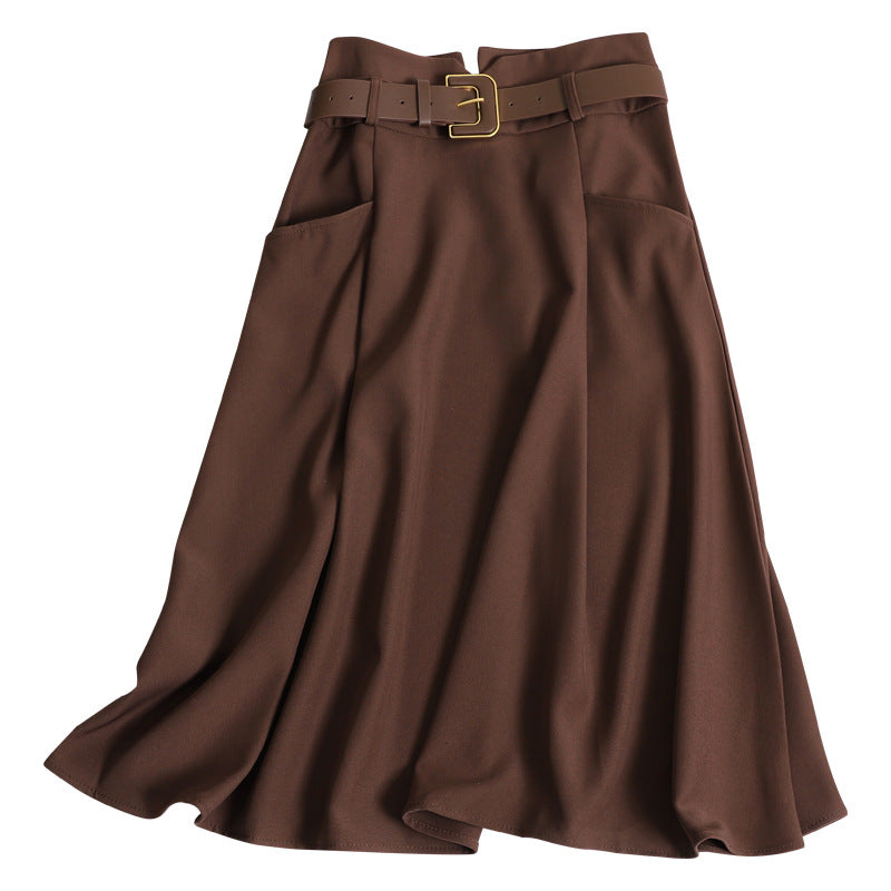 Damen  fließender Midirock mit weitem Tellerfall hoher Taille und Ziergürtel EB