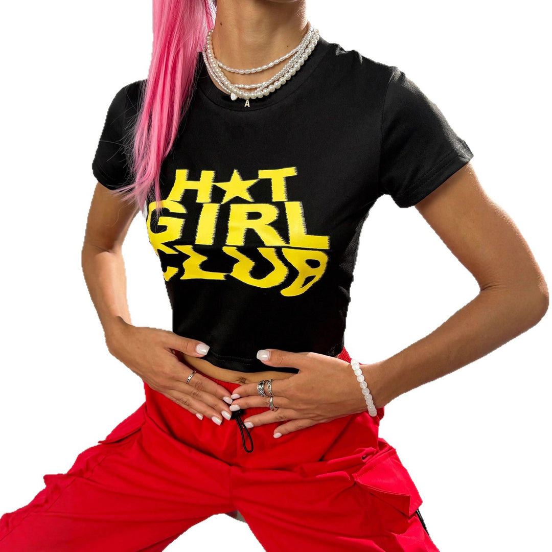 Damen Crop-T-Shirt mit auffälligem Schriftzug und figurbetontem Schnitt EB