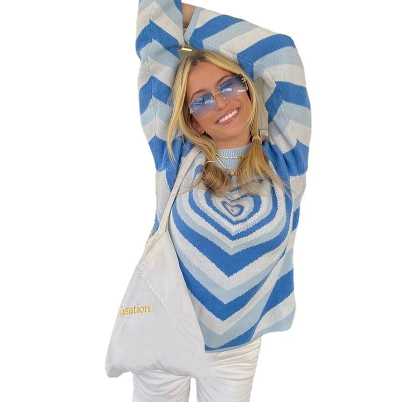 Damen nan oversized Strickpullover mit Herz-Intarsie und Chevron-Muster EB