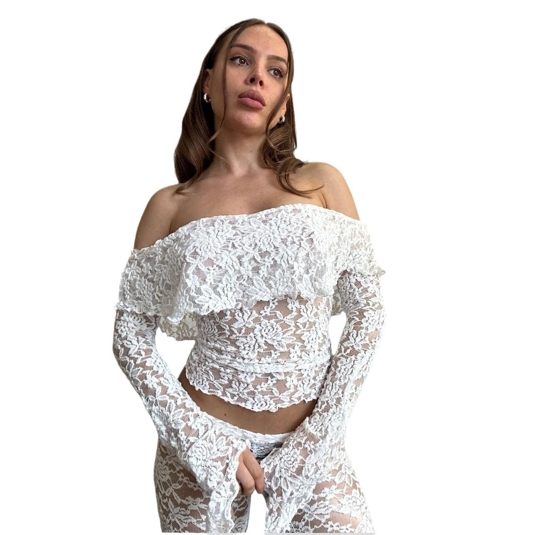 Damen Spitzen-Crop-Top mit weitem Ärmel und passenden Hose EB