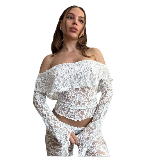 Damen Spitzen-Crop-Top mit weitem Ärmel und passenden Hose EB