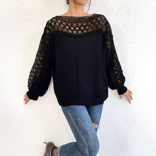 Damen Elegantes Strickoberteil mit raffinierten Spitzenärmeln EB