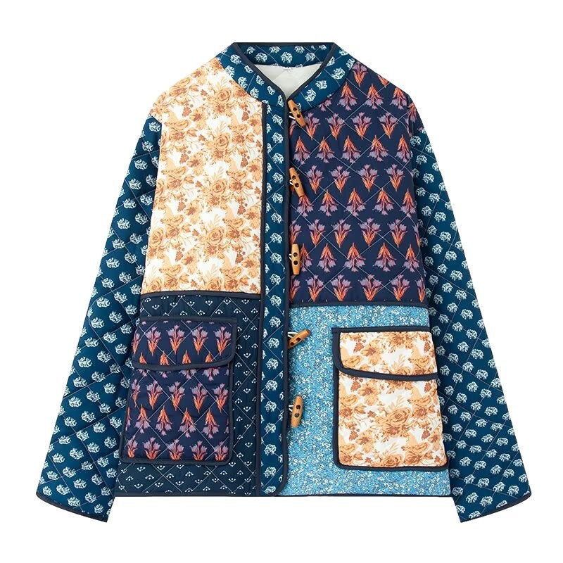 Damen Patchwork Steppjacke mit aufwendigen Mustern und praktischen Taschen EB