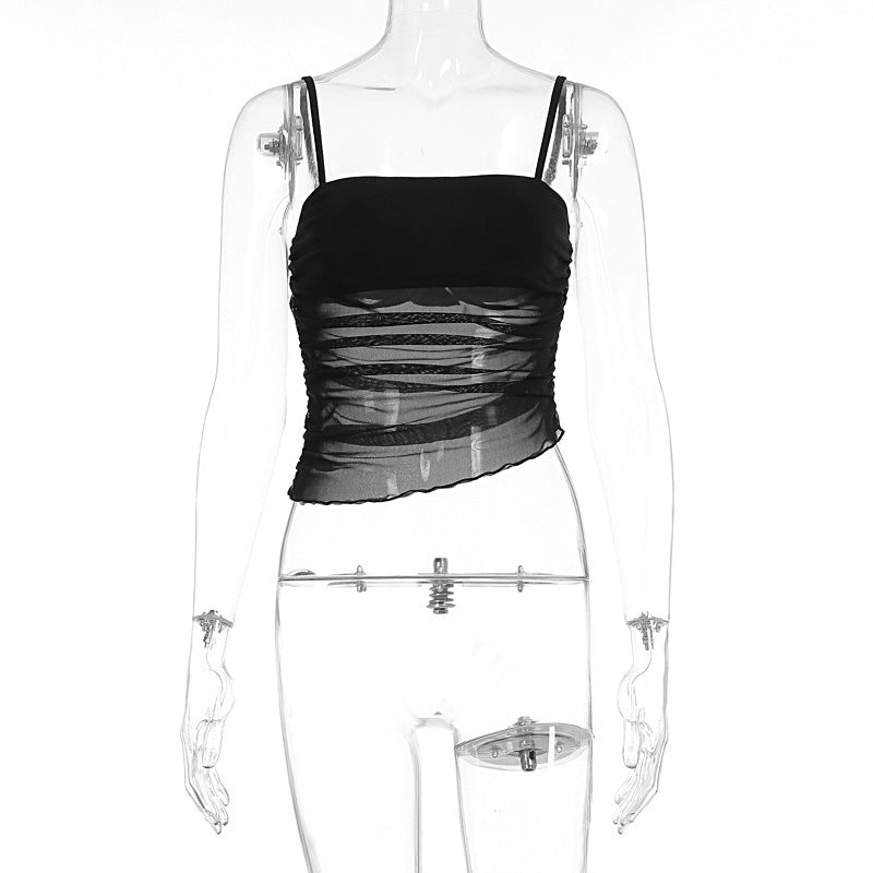 Damen leichtes Rüschenshirt mit Spaghettiträgern und transparenten Einsätzen EB