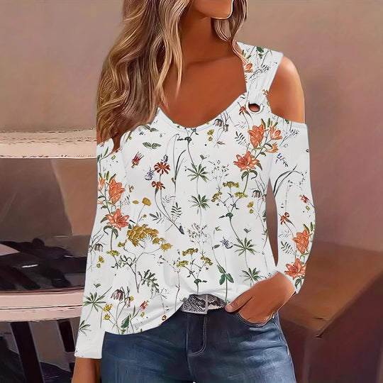 Damen Elegantes Langarmshirt mit kühlem Schulterdesign und floralem Druck EB