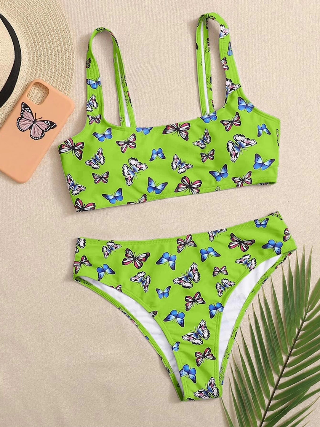 Damen Crop-Bikini-Set mit buntem Schmetterlingsdruck EB
