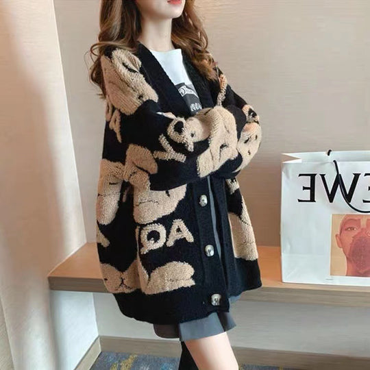 Damen oversized Strickjacke mit tierischem Design und Knopfverschluss EB