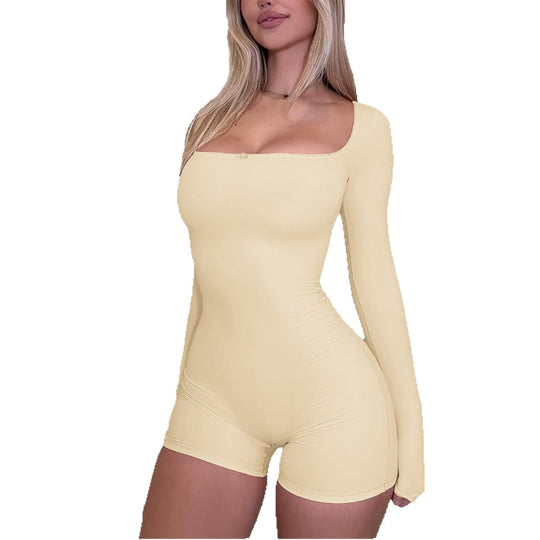 Damen nan figurbetonter Jumpsuit mit quadratischem Ausschnitt, langen Ärmeln und shorts-Länge EB
