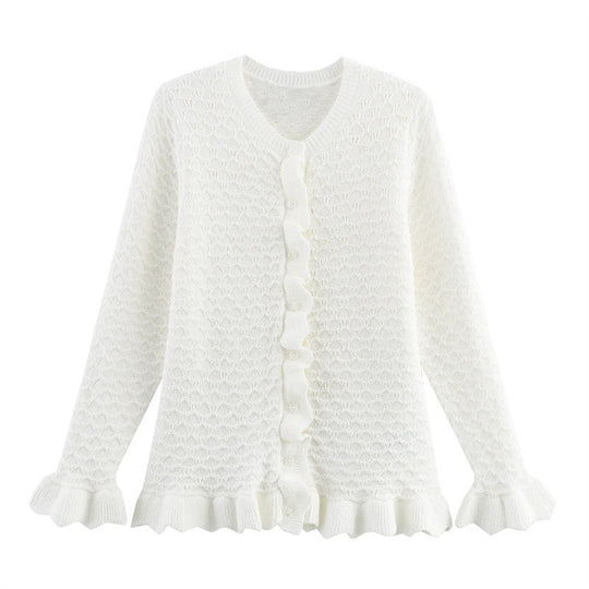 Damen Strickjacke mit Rüschendetails und Knopfleiste EB