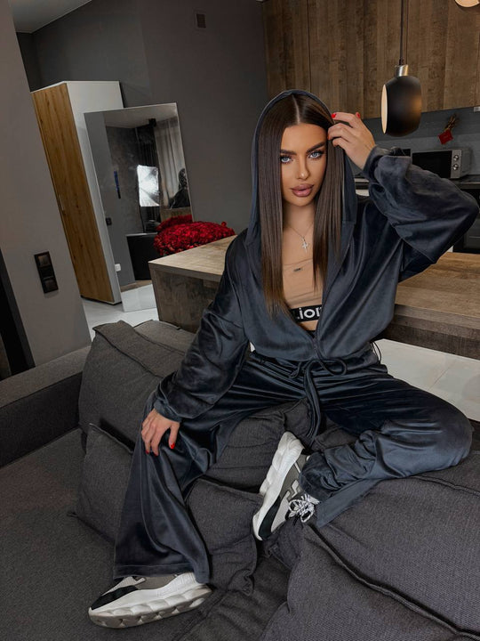 Damen luxuriöses Velours-Cropped-Hoodie und High-Waist Weite Jogginghose Set EB