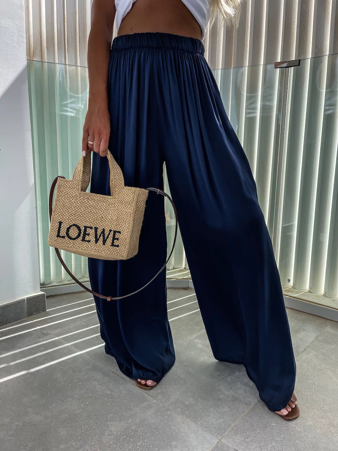 Damen weit geschnittene Palazzo-Hose mit hohem elastischem Bund und fließendem Jersey EB
