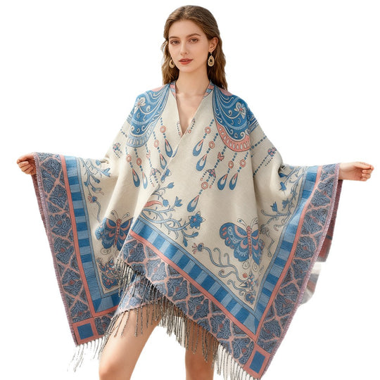 Damen Gewebter Kimono-Poncho mit Ornamentjacquard, V-Ausschnitt und Fransensaum EB