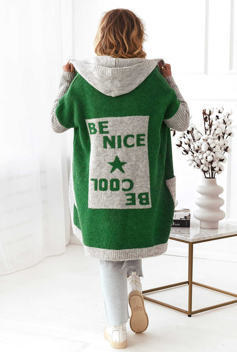 Damen Leichter Strickmantel mit Kapuze und großen Taschen EB