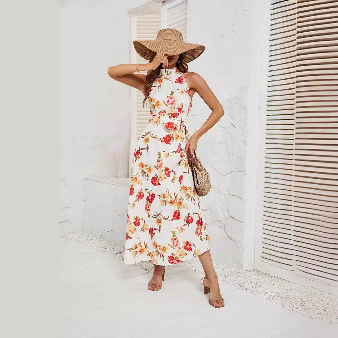Damen Maxikleid mit hochgeschlossenem Design und floralem Gürtel EB
