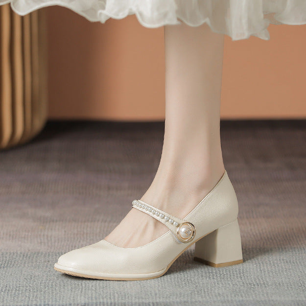 Damen Mary Jane Pumps mit elegantem Perlenschmuck und Blockabsatz EB