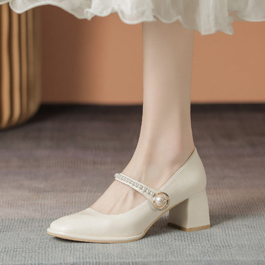 Damen Mary Jane Pumps mit elegantem Perlenschmuck und Blockabsatz EB
