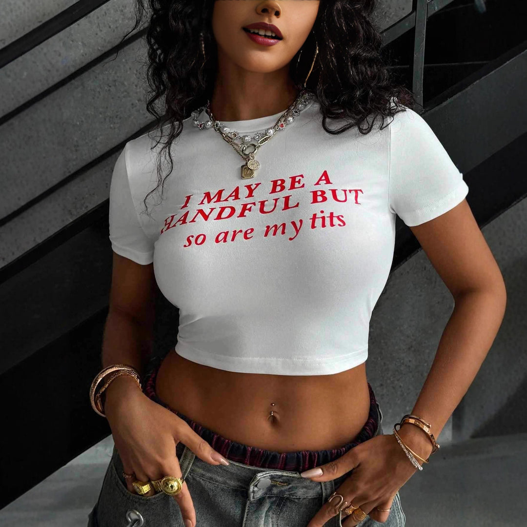 Damen Crop-T-Shirt mit kreativem schriftlichem Design und figurbetontem Schnitt EB