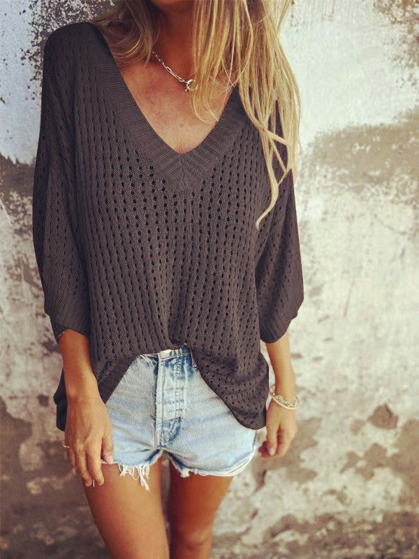 Damen nan luftig gestrickter V-Ausschnitt Pullover im Oversize-Schnitt EB