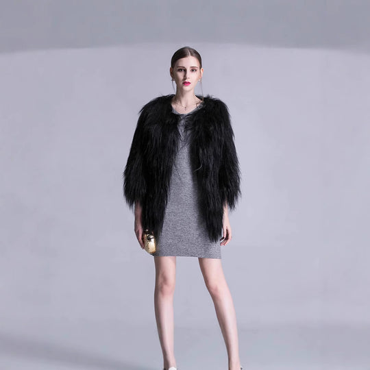 Damen Elegante Kunstpelz-Cape mit weit offenem Schnitt EB