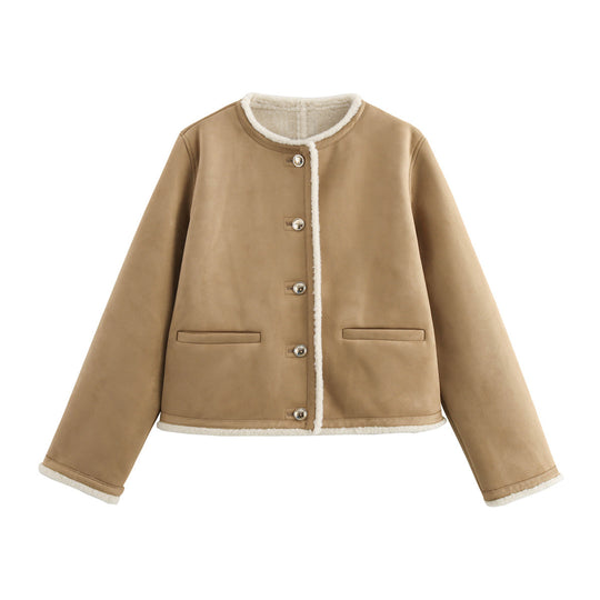 Damen Teddyjacke mit Button-Details und zwei aufgesetzten Taschen EB