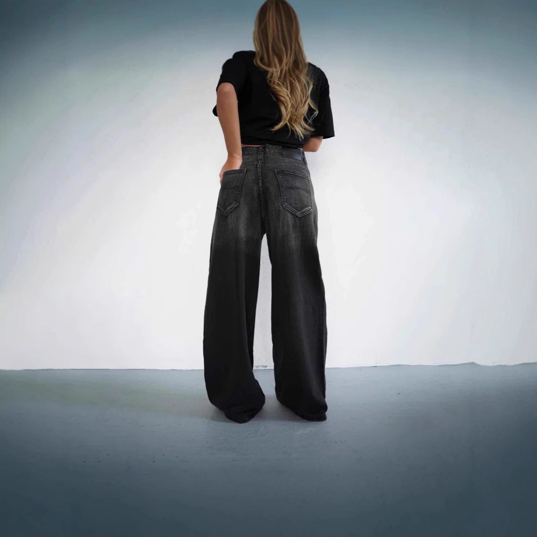 Damen Weit geschnittene Jeans mit modischem High-Waist Design und einzigartiger Waschung EB