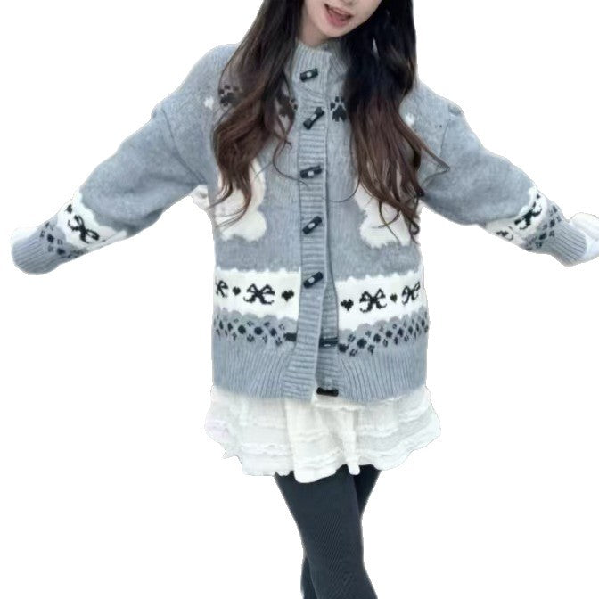 Damen Gemusterte Strickjacke mit tierischem Motiv und Knopfdetails EB