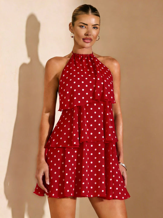 Damen Rüschensommerkleid mit gepunktetem Design und zauberhaftem Ausschnitt EB