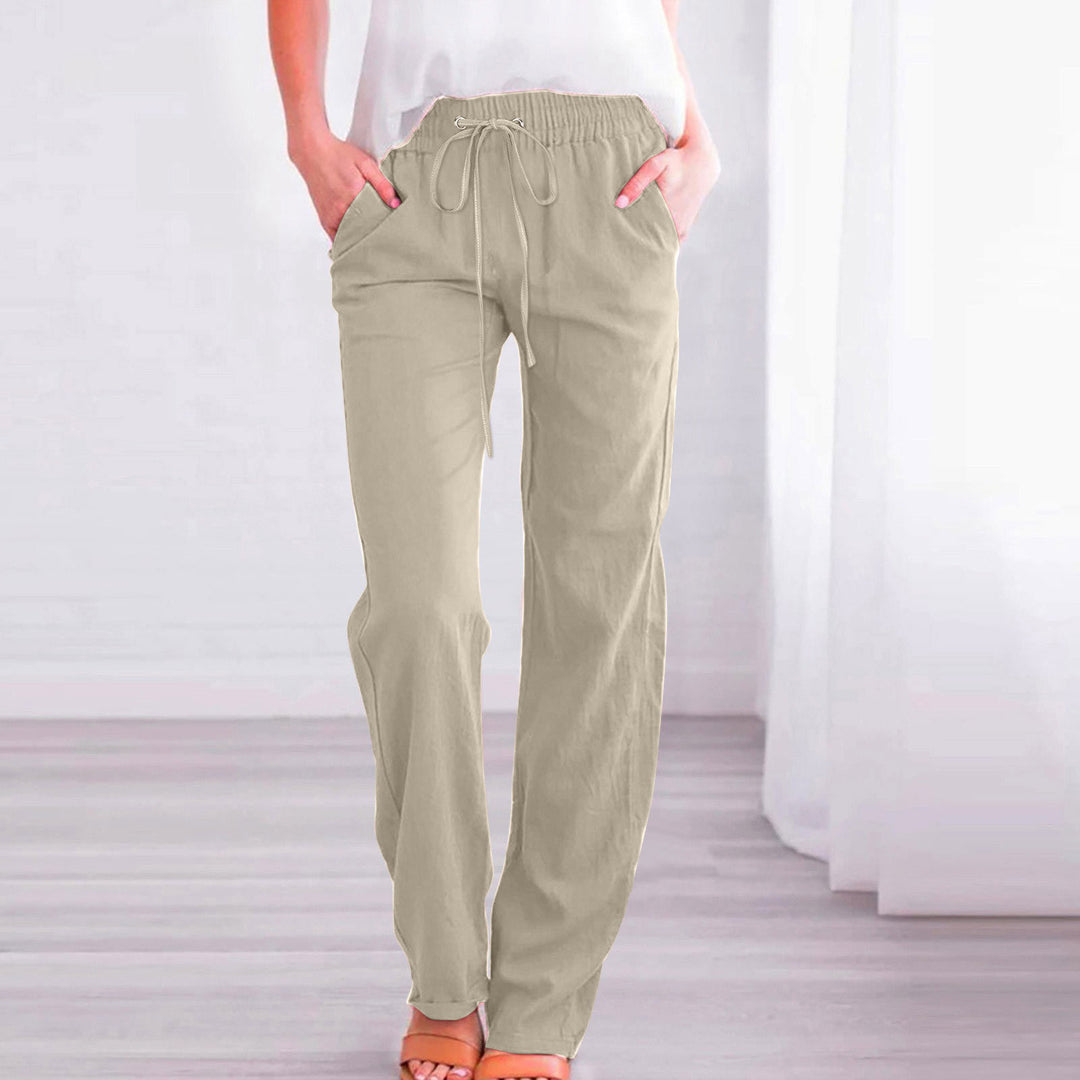 Damen Bequeme Leinen-Hose mit elastischem Bund und Taschen EB
