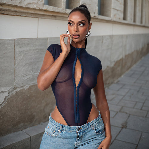Damen Body mit transparentem Oberteil und raffiniertem Reißverschluss EB
