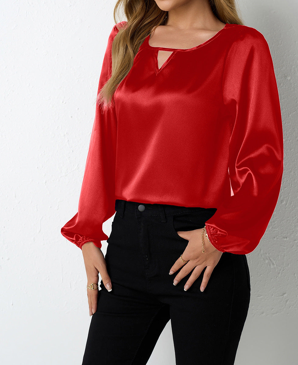 Damen elegante Satinbluse mit verspieltem Schlüsselausschnitt EB