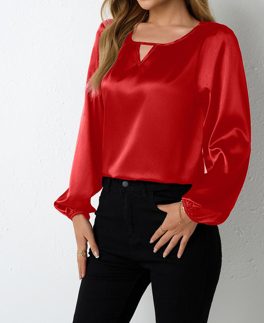 Damen elegante Satinbluse mit verspieltem Schlüsselausschnitt EB