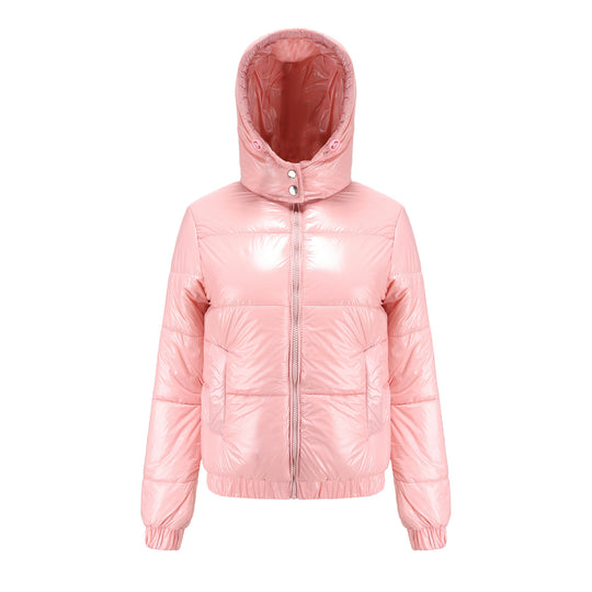 Damen Hochglänzende Steppjacke mit abnehmbarer Kapuze EB