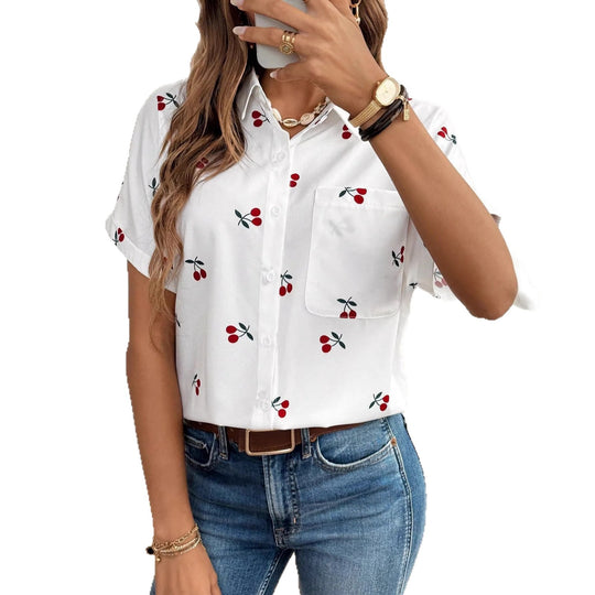 Damen Kurzarm Bluse mit Kirschmotiv und Tasche EB